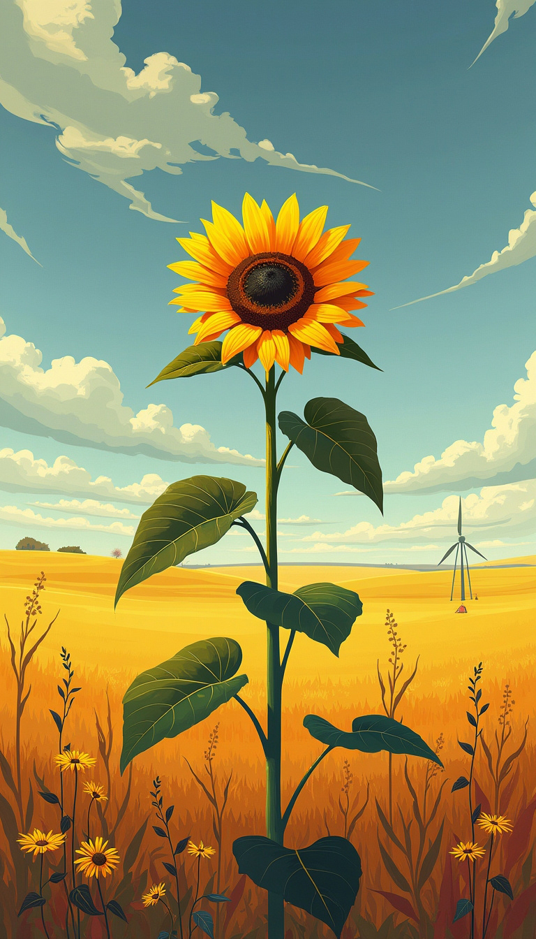 Bold helianthus flower in full bloom in an expansive prairie landscape during late afternoon, depicted in a modern expressive digital art style.