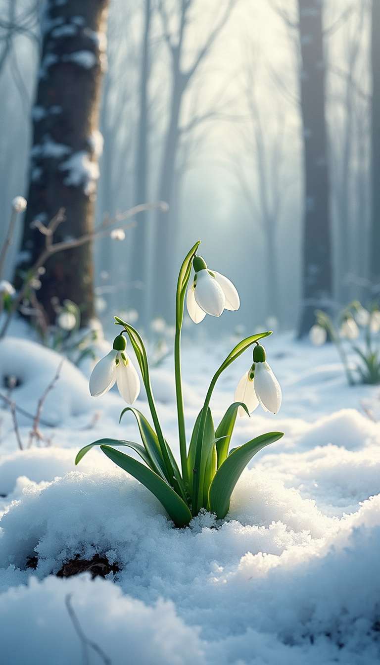 Delicate snowdrop flower emerging through the snow in a serene winter forest, depicted in a classic, realistic watercolor style.