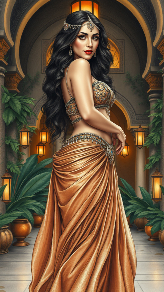 A professional, high-quality charcoal drawing of a mature, voluptuous 40-year-old Middle Eastern woman in a revealing, flowing belly dance costume made of shimmering fabrics and intricate beadwork. The art style is detailed and expressive, with rich contrasts and delicate textures that highlight the fluidity and elegance of her outfit. She has long, wavy, dark brown hair adorned with a jeweled headpiece, captivating green eyes, and is wearing dramatic makeup with kohl-lined eyes and deep red lipstick. The setting is an opulent, exotic courtyard with ornate arches, lush greenery, and glowing lanterns casting a warm light. The composition is a side view, capturing her graceful, poised stance and the intricate details of her costume, evoking a sense of exotic beauty and cultural richness.