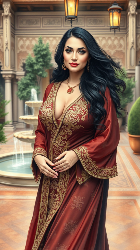 A professional, high-quality watercolor painting of a mature, voluptuous 40-year-old Persian woman in a luxurious, revealing traditional Persian dress adorned with intricate gold embroidery. The art style is soft and luminous, with delicate brushstrokes and rich hues that highlight the opulence of her attire and the elegance of her form. She has long, wavy, jet-black hair flowing freely, captivating hazel eyes, and is wearing subtle, classic makeup with a deep red lip and kohl-lined eyes. The setting is an ornate, historic Persian courtyard with intricate tilework, a flowing fountain, and lush greenery under the gentle glow of lantern light. The composition is a front view, capturing her poised, regal stance and serene expression, exuding grace, cultural richness, and timeless beauty.