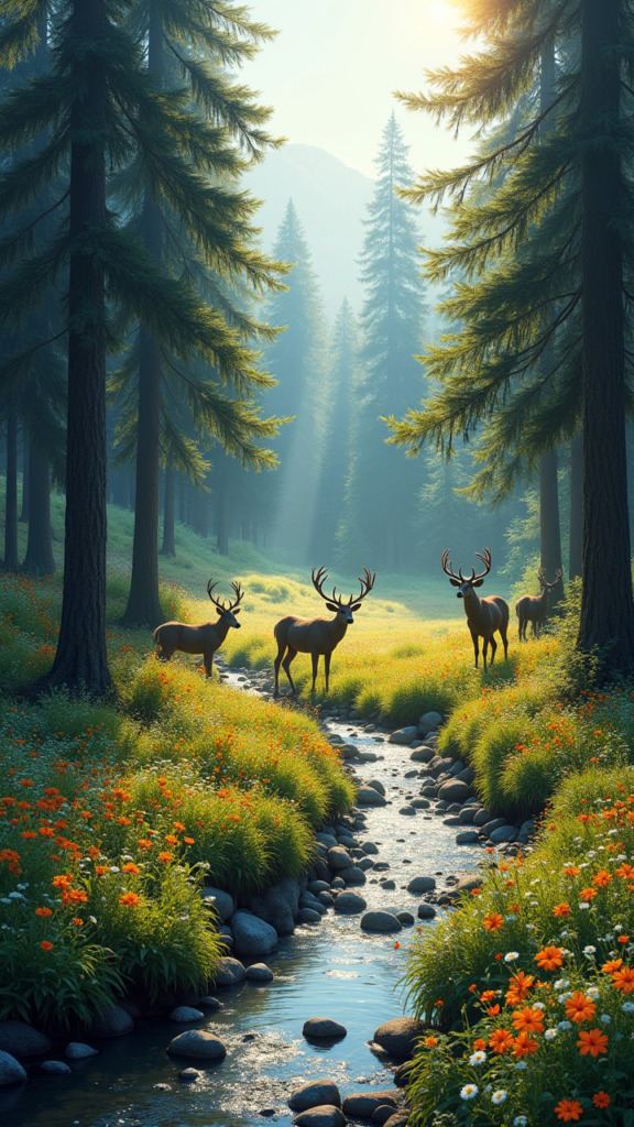 A serene alpine forest with vibrant wildflowers, a sparkling stream, and grazing deer, captured in a realistic, nature-inspired art style.