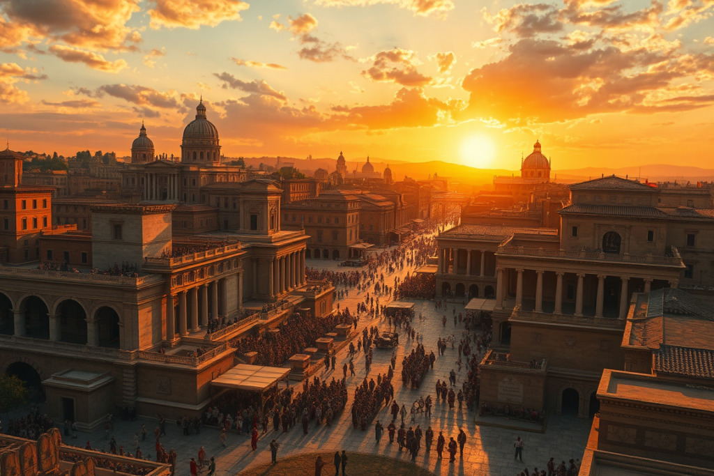 Birds-eye view of Ancient Rome cityscape at sunset in vintage painting style.