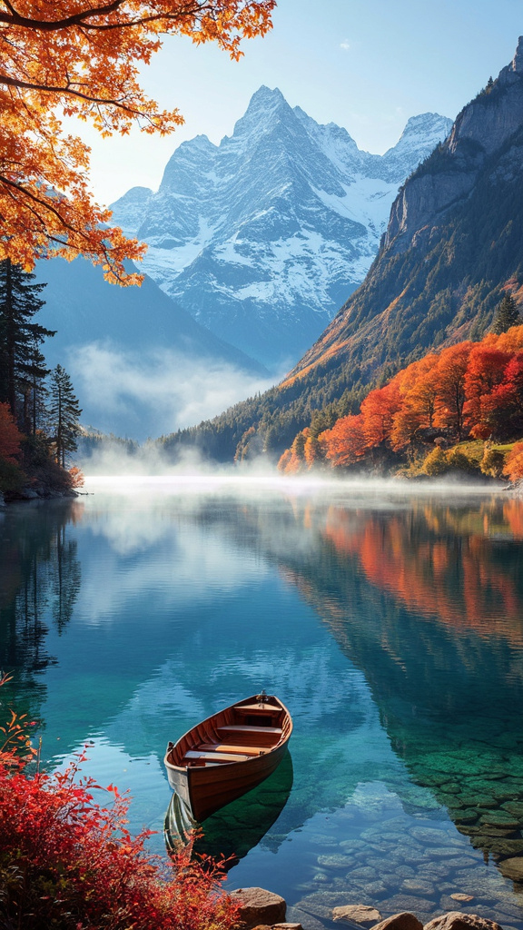 A tranquil mountain valley in autumn with a lake reflecting vibrant foliage and snow-capped peaks, featuring a wooden rowboat, captured in a romantic, painterly style.