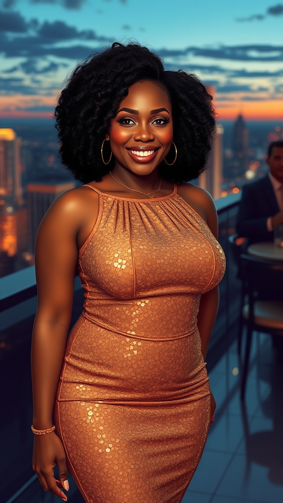 Voluptuous 40-year-old African woman in a stylish, body-hugging gold sequined dress. The art style is contemporary and vibrant, with crisp lines and vivid colors that emphasize the shimmer of the sequins and the smooth contours of her silhouette.