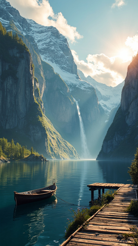 A photorealistic image of a breathtaking Norwegian fjord during early spring, featuring steep, towering cliffs rising from deep blue waters. Snow clings to the upper cliffs, while greenery emerges below. A waterfall cascades down the cliffs into the fjord. A wooden pier with a rustic boat tied to it extends into the water. The sky is clear with fluffy clouds, and the sun casts a soft golden light, reflecting in the calm waters, evoking awe and tranquility.