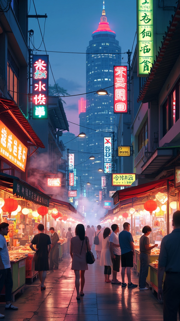 A photorealistic image of a bustling Asian night market, featuring colorful stalls selling street food and trinkets. Neon signs illuminate the area, casting vibrant colors on the street. People explore the market, with steam rising from food stalls. Traditional architecture blends with modern skyscrapers, evoking excitement and cultural richness.