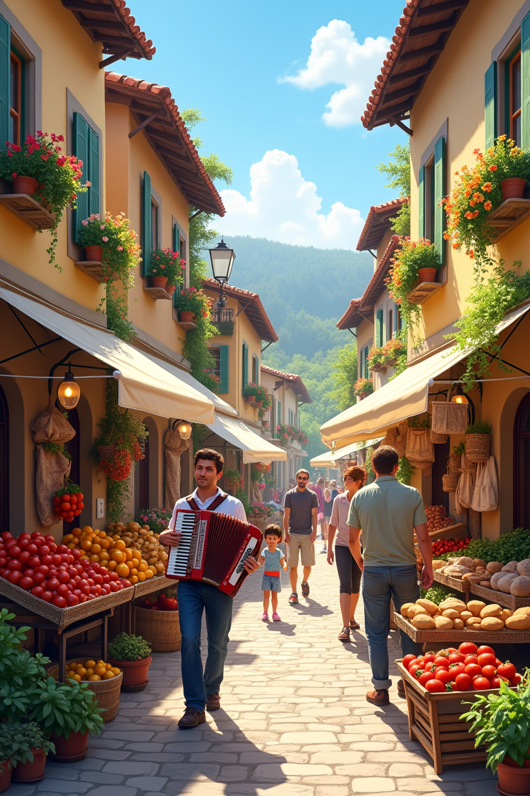 A bustling farmer's market on a cobblestone street in a quaint European village with charming historic buildings and flower boxes. The market features stalls of fresh produce, baked goods, cheeses, and crafts. Shoppers engage with vendors, and a street musician plays an accordion. The sun casts a warm glow over the lively scene, highlighting the sense of community and vibrant local culture.