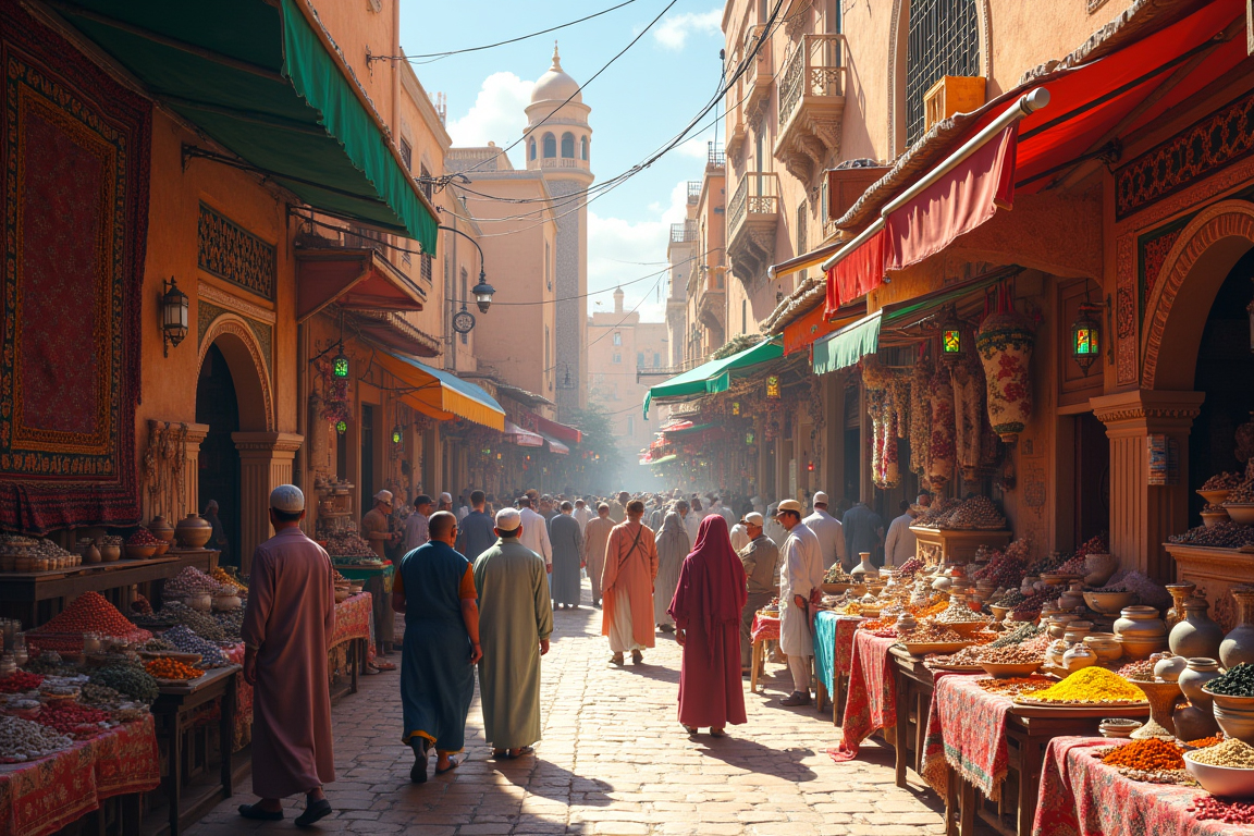 A bustling Moroccan market (souq) during a lively afternoon, filled with vibrant colors and rich textures. Stalls display woven rugs, handcrafted pottery, colorful spices, and brass lanterns. Merchants engage with customers, and the air is filled with the aroma of spices and street food. Narrow streets are crowded with people, both locals and tourists, amidst traditional Moroccan architecture with mosaics and arched doorways, capturing the energy and exotic charm of the market.