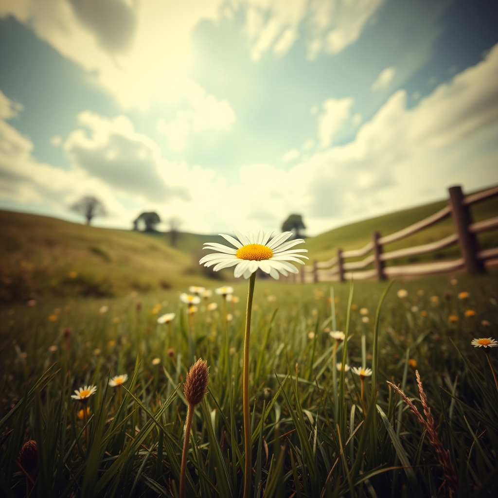 Charming daisy with white petals and a yellow center in a quaint countryside meadow, depicted in a vintage, sepia-tinted photography style.