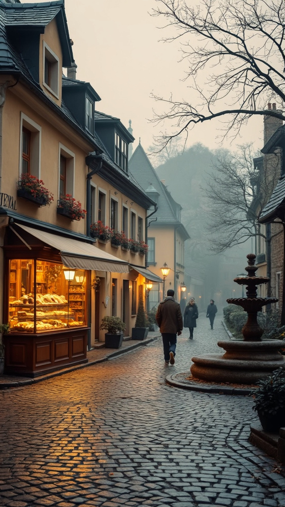 A serene early morning in a European village, with colorful houses, a bakery, and a stone fountain, captured in a classic, nostalgic photography style.