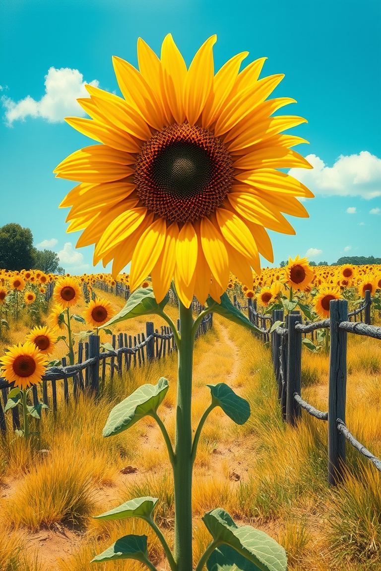 Classic sunflower standing tall in a rustic countryside field during late summer, captured in an impressionist painting style.