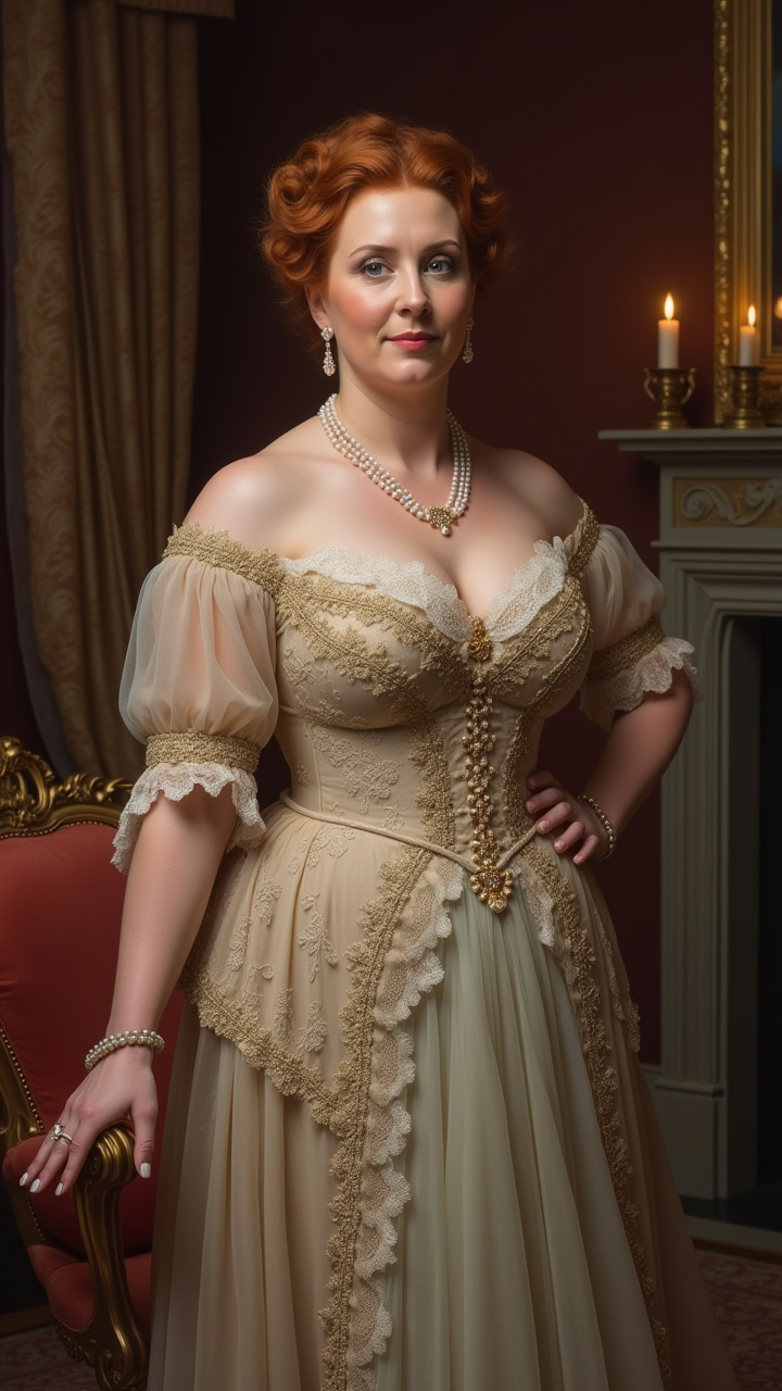 High-quality Victorian portrait of a mature, voluptuous British woman in an elegant gown