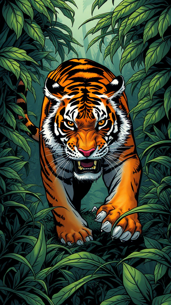 A fierce tiger prowling through the dense jungle. The art style is dynamic and bold, with strong lines and vivid colors that bring out the intensity and power of the tiger.