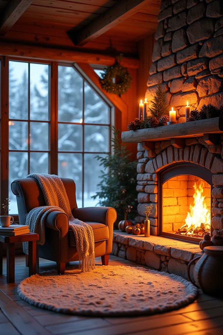 A cozy, rustic cabin interior warmly lit by a roaring fireplace on a snowy winter evening. The room features wooden beams, a stone fireplace, a large plush rug, and a comfortable armchair with a knitted blanket. A small coffee table holds a steaming mug of hot chocolate and an open book. Large windows reveal a snowy forest outside with gently falling snowflakes. The mantel is decorated with pinecones, candles, and holiday ornaments, creating an inviting and warm ambiance.