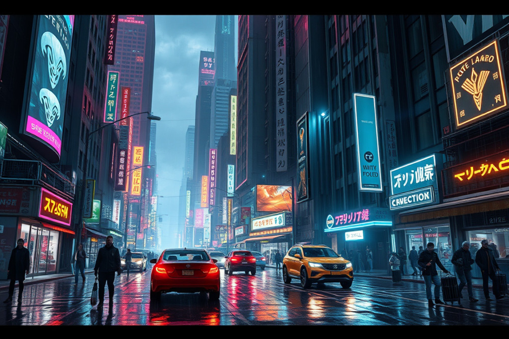 Street-level view of a cyberpunk cityscape during a rainy night in neon-drenched digital art style.