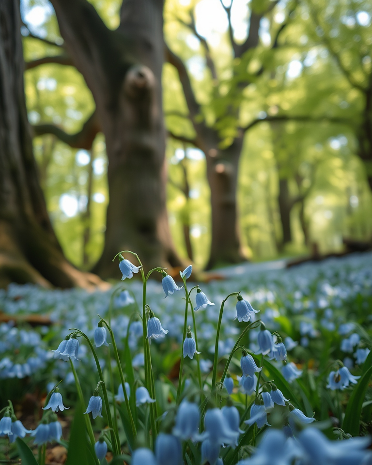 Delicate bluebell flower nestled in an ancient forest glade during early spring, depicted in a whimsical, fantasy art style.