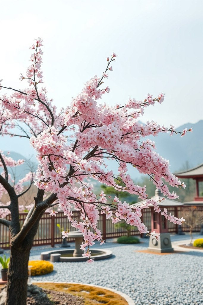 Delicate cherry blossom tree in full bloom in a serene Japanese garden during spring, depicted in a watercolor painting style.