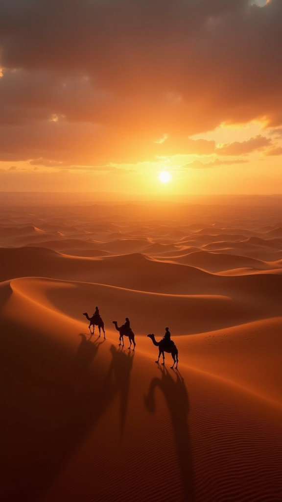 A breathtaking desert landscape at dusk with sand dunes and a camel caravan silhouetted against a vibrant sky, captured in a panoramic, cinematic style.