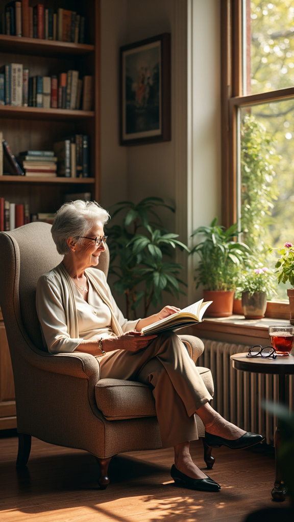 A photorealistic image of an elegant, mature woman in her early 60s, enjoying a relaxing afternoon in a sunlit reading nook. She is seated in a comfortable armchair by a large window, wearing a stylish yet comfortable outfit and reading glasses. She is deeply engrossed in an open book, surrounded by shelves of books, potted plants, and a small table with a steaming cup of tea. Framed photographs and artwork adorn the walls, creating a tranquil and intellectually engaging atmosphere.