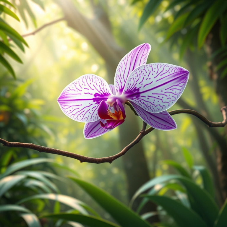 Elegant purple and white orchid perched on a tree branch in a tropical rainforest, depicted in hyper-realistic digital painting style.