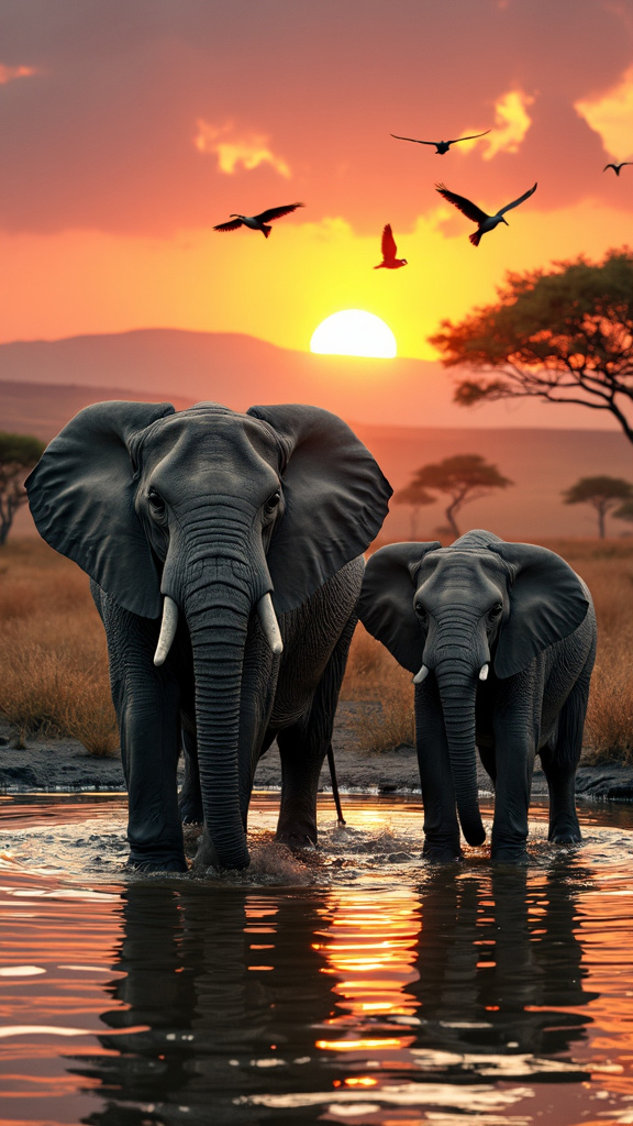 A photorealistic image of a family of elephants at a watering hole in the African savannah during sunset, with golden light highlighting their textured skin. The savannah features acacia trees and distant hills, with a flock of birds silhouetted against the vibrant sky. The water reflects the sunset colors, evoking majesty and tranquility.