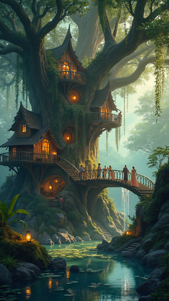 A photorealistic image of a mystical elven village nestled within an ancient, enchanted forest at twilight. Elven homes are built into the massive tree trunks with spiraling staircases and delicate bridges connecting them. Glowing lanterns made from bioluminescent crystals illuminate the village. Elves in shimmering garments walk along the bridges, while a tranquil stream with small waterfalls winds through, evoking wonder and enchantment.