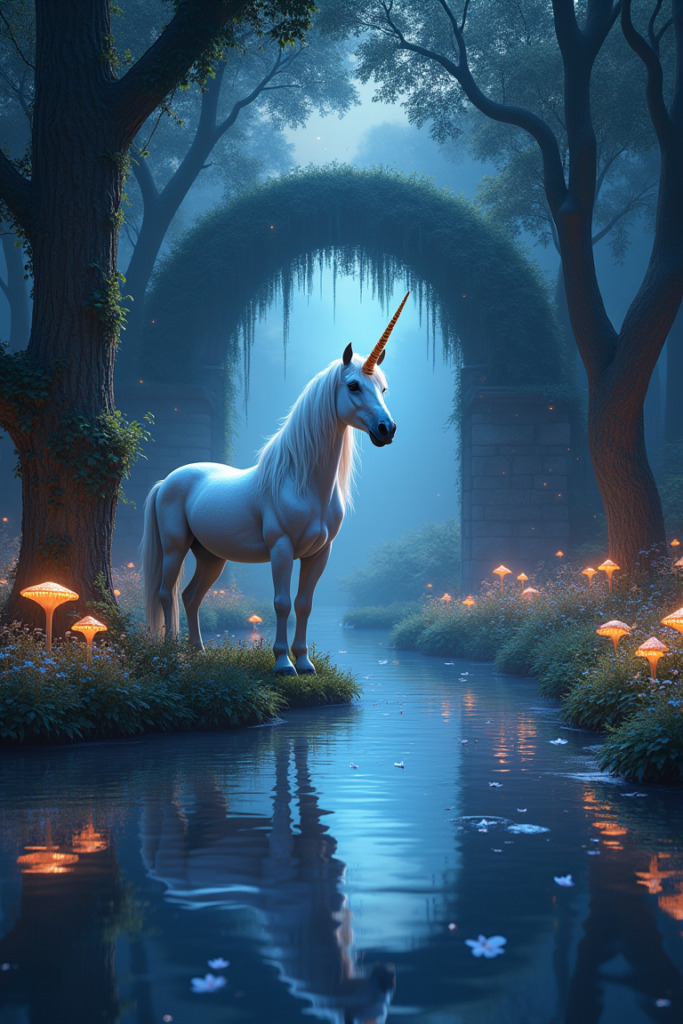 A photorealistic image of an enchanted forest at dusk, featuring a majestic unicorn with a shimmering white coat and a spiraled golden horn standing beside a crystal-clear pond. The forest is adorned with glowing fairy lights, bioluminescent flowers, and mushrooms. Fireflies dance in the air, and the sky transitions to starry twilight. An ancient stone archway in the background evokes wonder and enchantment.