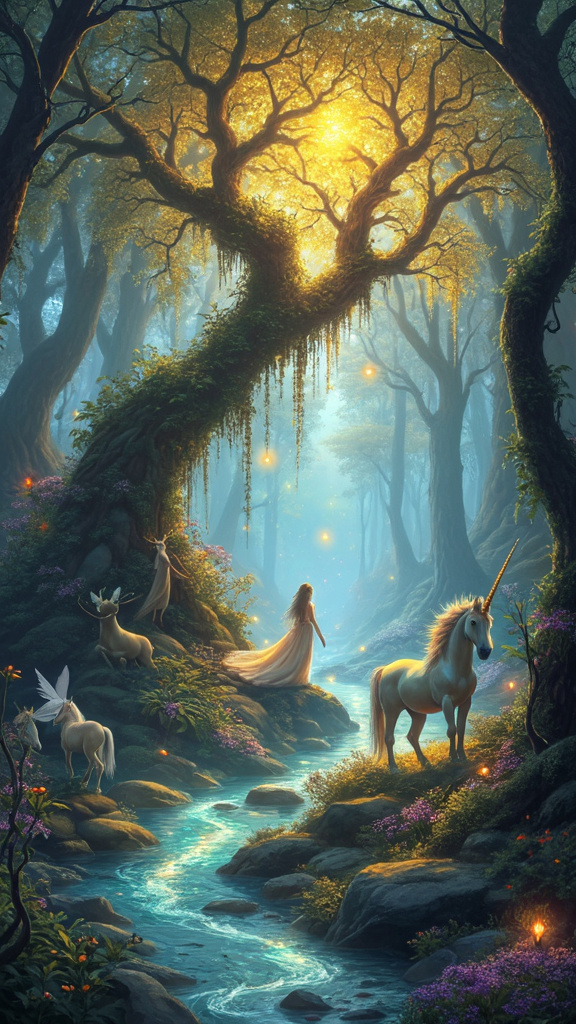 An ethereal enchanted forest with luminescent trees, mystical creatures like unicorns and fairies, and a glowing central tree, captured in a vibrant, surreal art style.