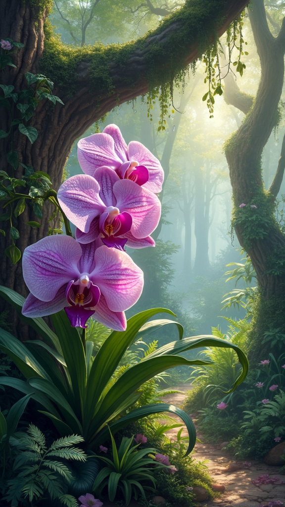 An enchanting scene of a rare orchid in a misty garden at dawn, with vibrant purples and pinks, dewdrops on petals, surrounded by ferns and ancient trees, captured in a modern Impressionist style.