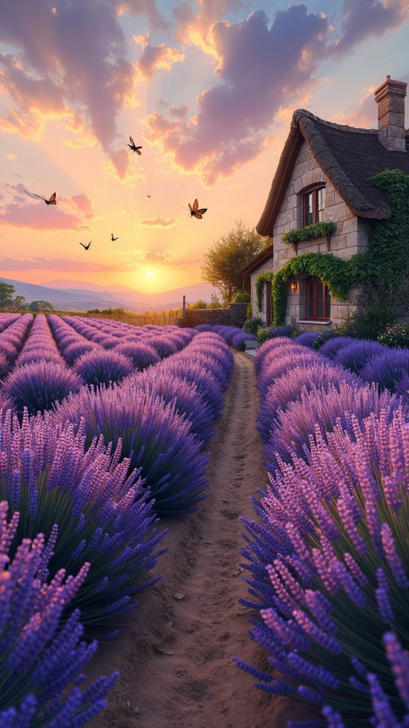 A photorealistic image of a stunning lavender field in full bloom during a late summer evening, with rows of vibrant lavender stretching towards the horizon. The setting sun casts a warm, golden light, enhancing the colors of the flowers. A rustic wooden fence borders the field, with bees and butterflies among the blossoms. A dirt path winds through the field, leading to a distant stone farmhouse. The sky is painted with shades of orange, pink, and purple, evoking tranquility and natural beauty.