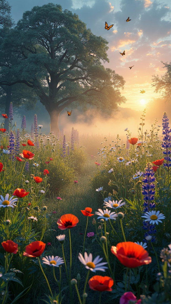 A photorealistic image of an enchanting wildflower meadow at dawn, featuring a variety of blooms including poppies, daisies, and lupines. A gentle mist lingers over the meadow, with early morning light casting a golden hue. Dew glistens on petals, and butterflies and bees flit among the flowers. Ancient oak trees frame the scene, evoking peace and natural beauty.