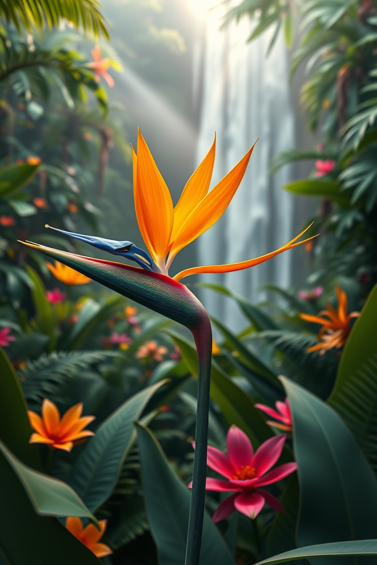 Exotic bird of paradise flower with vibrant orange and blue petals in a lush tropical garden at dawn, captured in a photorealistic style.