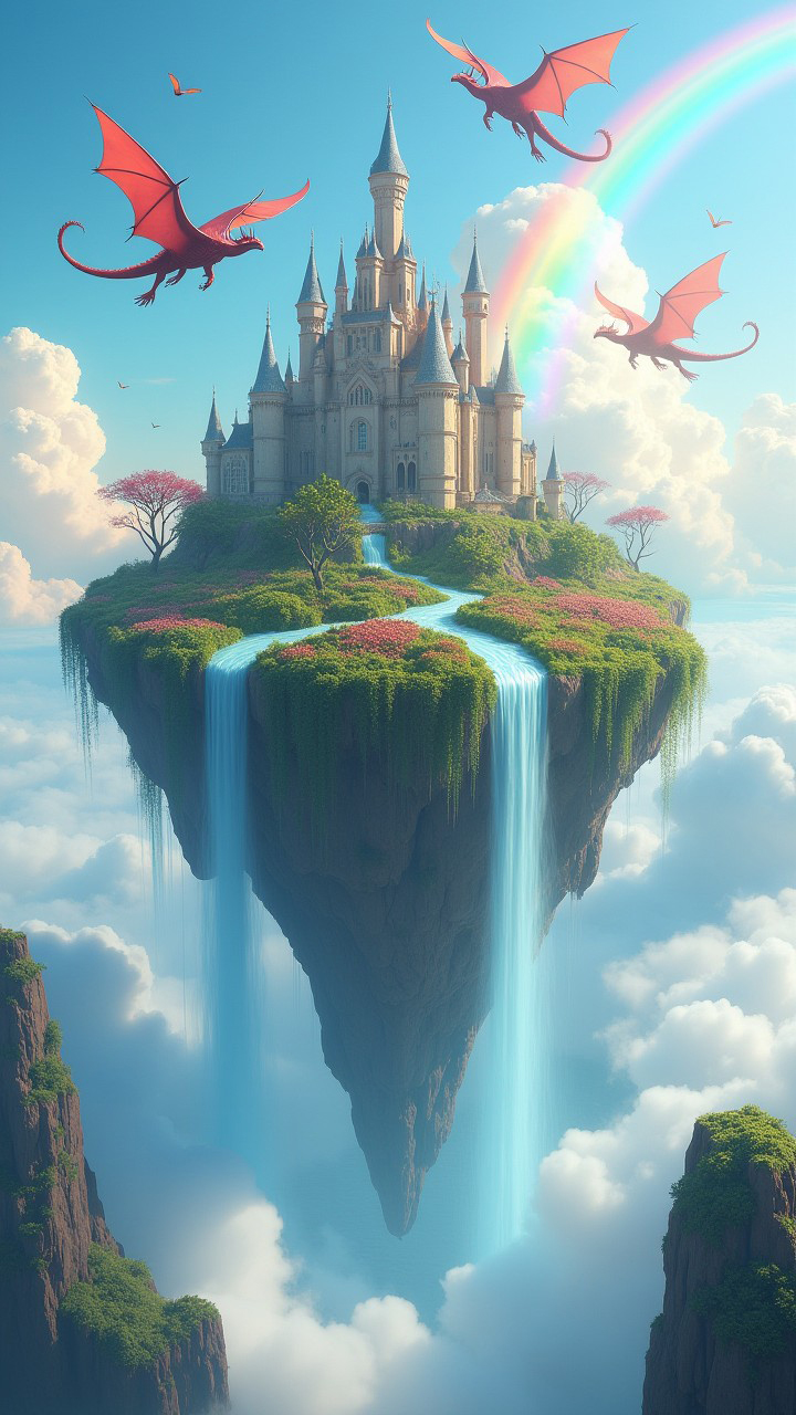 A mystical floating island with waterfalls, a grand castle, and dragons, set in a sea of clouds, captured in a whimsical, fantasy art style.