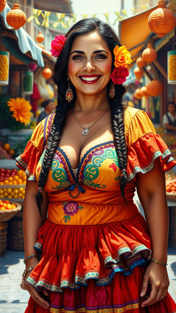 A professional, high-quality oil painting of a mature, voluptuous 40-year-old Mexican woman in a vibrant, revealing traditional folk dress with colorful embroidery and ruffled layers. The art style is richly textured and detailed, with warm, vivid colors and dynamic brushstrokes that highlight the intricate details of her dress and the lively atmosphere. She has long, braided, dark brown hair adorned with bright flowers, expressive dark eyes, and is wearing festive, vibrant makeup with rosy cheeks and bright red lips. The setting is a bustling, festive marketplace with stalls filled with fresh produce and colorful decorations, under the bright midday sun. The composition is a front view, capturing her joyful, spirited pose and radiant smile, embodying cultural richness, celebration, and timeless beauty.