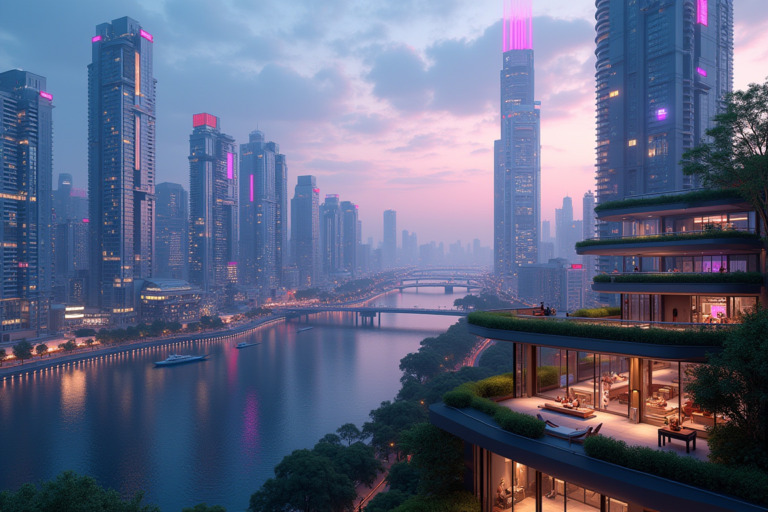 A futuristic city skyline at dusk with towering skyscrapers featuring sleek designs, illuminated windows, and vibrant neon signs. Flying cars zip between buildings, and holographic advertisements project onto structures. The city is along a waterfront, with a calm river reflecting the lights. Elevated walkways and parks with greenery intersperse the urban landscape. A rooftop garden in the foreground offers a panoramic view of the city, with people relaxing and enjoying the view. The sky transitions from deep blue to shades of purple and pink as the sun sets, creating a stunning backdrop.