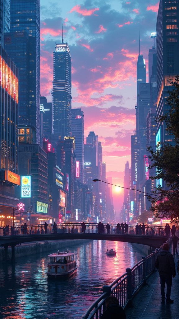 A bustling futuristic metropolis at twilight, with neon-lit skyscrapers, a diverse crowd, and a serene river under a pedestrian bridge, captured in a cyberpunk art style.