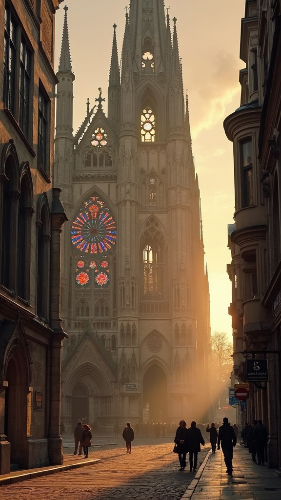 "A stunning Gothic cathedral in a historic European city, with intricate carvings and stained glass, captured in a vintage, sepia-toned style.