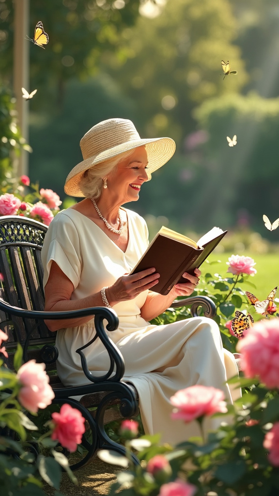 A photorealistic image of a graceful mature woman in her late 60s, enjoying a leisurely morning in a beautifully manicured garden. She sits on a wrought-iron bench surrounded by blooming roses, peonies, and hydrangeas, wearing a stylish sunhat and a flowing dress. She reads a classic novel with a serene smile, while butterflies flit among the flowers and songbirds visit a nearby bird bath. Morning sunlight casts dappled light and shadows, evoking tranquility and elegance.