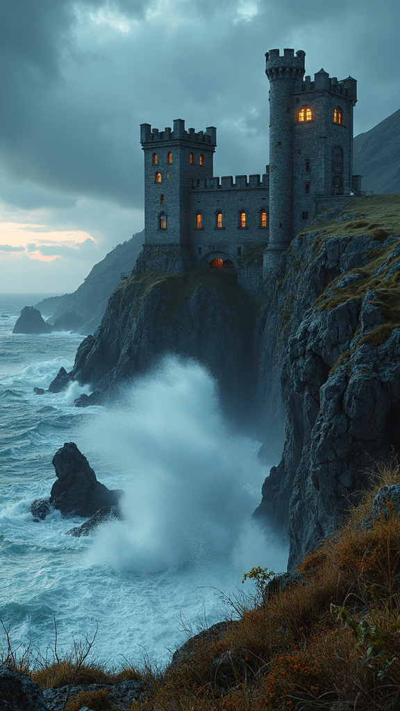 A photorealistic image of a historic castle perched on a cliff overlooking a stormy sea, featuring towering turrets and weathered stone walls. Waves crash against the cliffs, and dark storm clouds gather in the sky. The castle's windows glow warmly, evoking history and strength amidst the dramatic landscape.