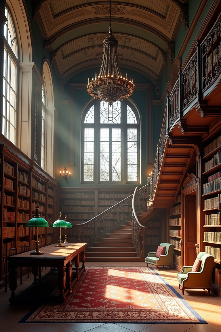 A photorealistic image of a historic European library interior with tall, arched windows allowing natural light to fill the space. The library features intricately carved wooden bookshelves filled with leather-bound books, an ornate wooden table with green reading lamps, and a grand chandelier hanging from a high, vaulted ceiling. The floor is covered with richly patterned rugs, and spiral staircases lead to upper levels, evoking history and classical architecture.