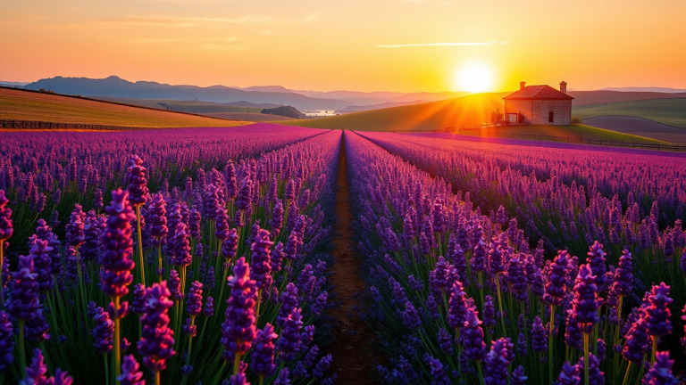 Vibrant lavender field in full bloom under a setting sun, depicted in a dreamy, impressionist painting style.