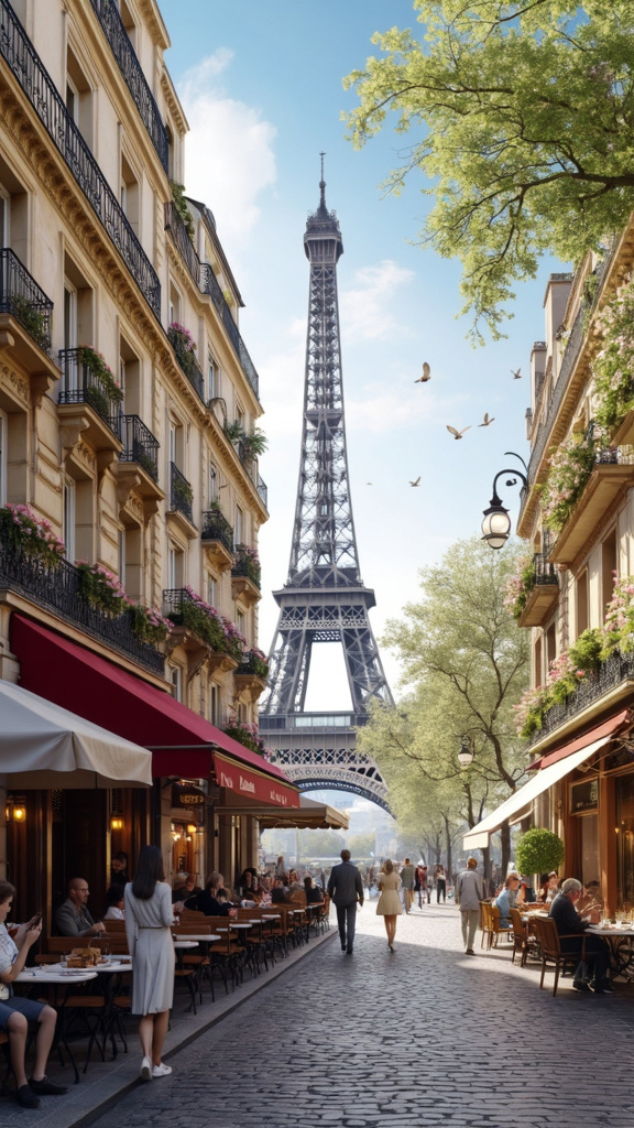 A photorealistic image of an iconic Parisian street with a view of the Eiffel Tower on a clear spring morning. The street is lined with Haussmann-style buildings, wrought-iron balconies with blooming flowers, and quaint cafes with outdoor seating. The Eiffel Tower rises majestically in the background, bathed in soft morning light. People stroll along the cobblestone street, with vintage street lamps and trees in full bloom, capturing the romance and elegance of Paris.