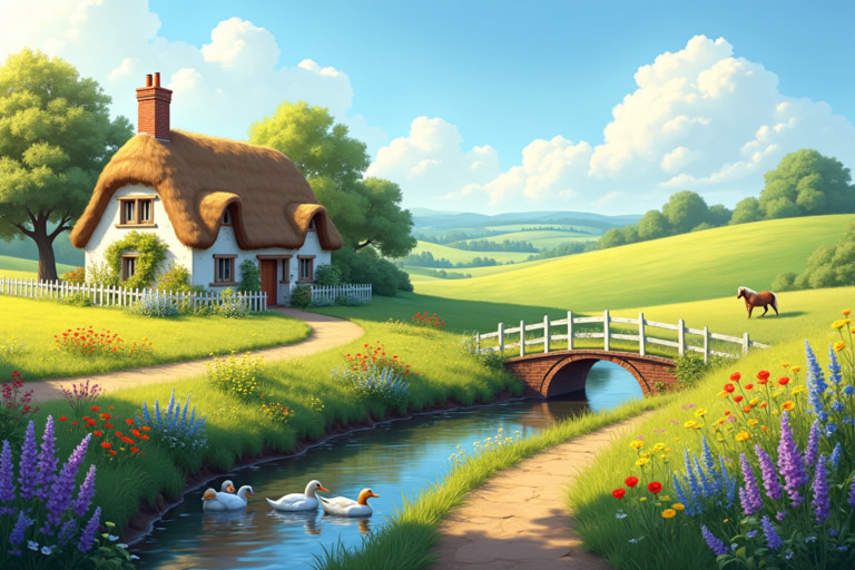 A peaceful countryside scene in the English countryside during early summer. Rolling green hills are dotted with blooming wildflowers, including daisies, poppies, and buttercups. A winding dirt path leads to a charming thatched-roof cottage surrounded by a white picket fence and a garden of roses, lavender, and herbs. A stone bridge arches over a gentle stream with swimming ducks. In the distance, grazing sheep and a lone horse add to the pastoral charm. The clear blue sky with a few fluffy clouds and golden sunlight create a serene and idyllic atmosphere.