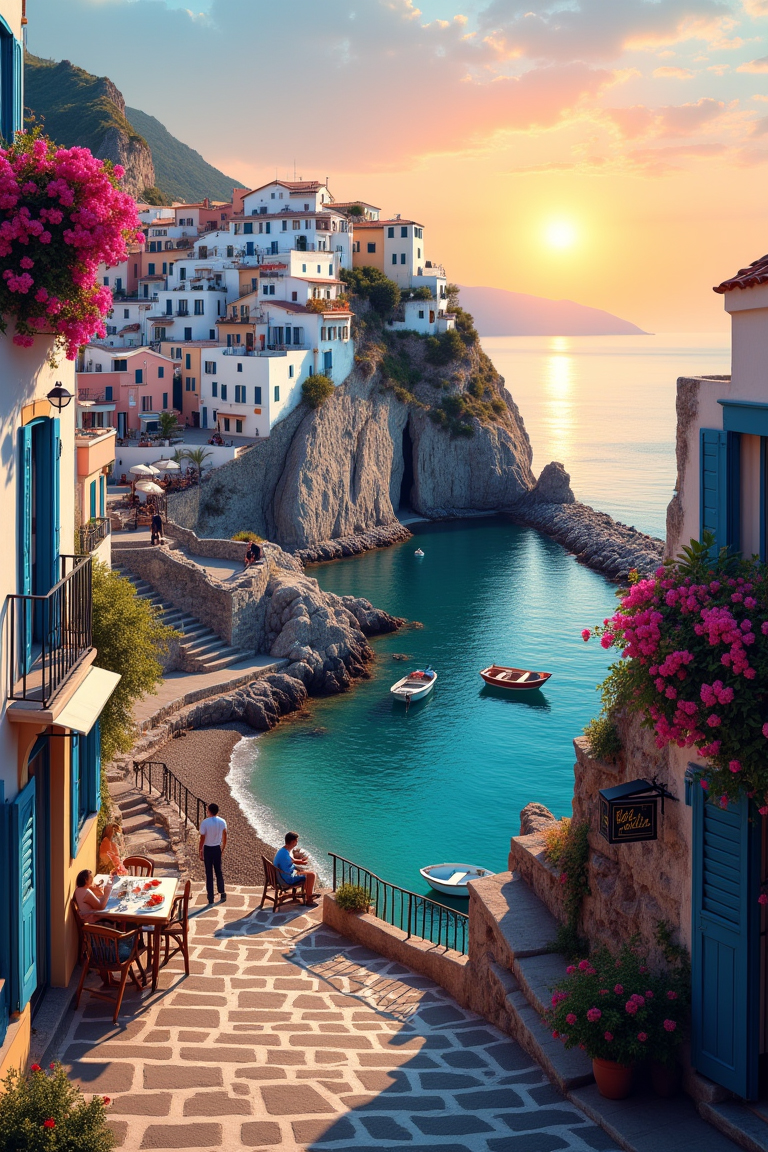 A picturesque Mediterranean seaside village during the golden hour of sunset. Whitewashed houses with blue shutters cascade down a hillside towards a crystal-clear turquoise sea. Cobblestone streets are lined with vibrant bougainvillea flowers and quaint cafes with outdoor seating. Small fishing boats are anchored in the calm waters of the harbor, reflecting the warm golden glow of the setting sun. The scene captures the idyllic and relaxed beauty of Mediterranean coastal life.