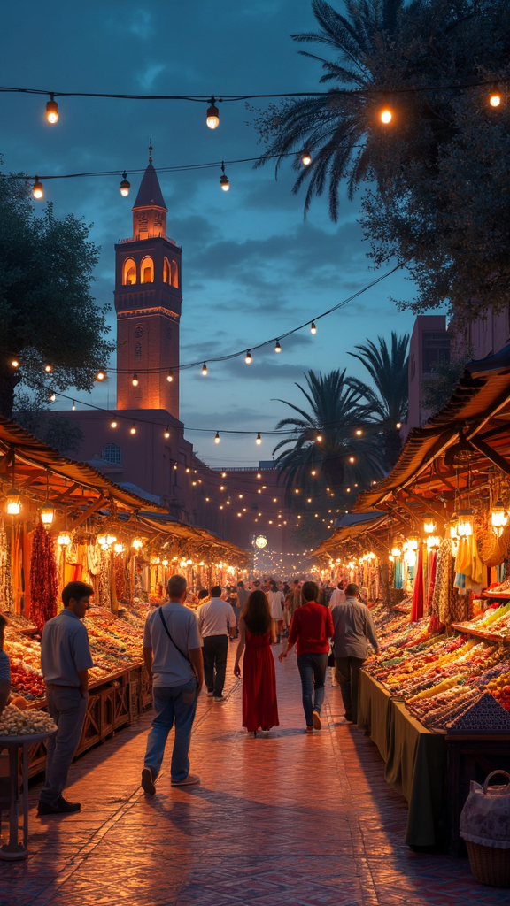 A photorealistic image of a lively street market in Marrakech during a vibrant evening, featuring colorful stalls selling spices, textiles, and lanterns. The street is lined with traditional Moroccan architecture with ornate arches and mosaic tiles. Strings of glowing lanterns cast warm light, and people are seen browsing and bargaining. A grand minaret silhouette stands against the evening sky, evoking cultural richness and enchantment.