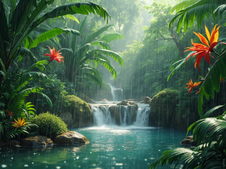 A photorealistic image of a lush tropical rainforest during a gentle rain shower, featuring vibrant greenery and exotic flowers in vivid colors. A small waterfall cascades over moss-covered rocks, with mist rising from the forest floor. Sunlight filters through the canopy, evoking vitality and natural beauty