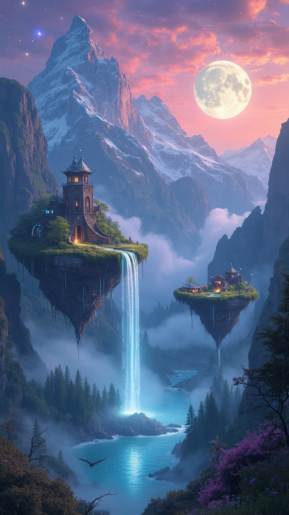 A photorealistic image of a mystical mountain range with floating islands set during a magical twilight. The scene features snow-capped peaks, lush valleys, and floating islands with cascading waterfalls, ancient ruins, glowing flora, and crystalline formations. Dragons glide between the islands. The sky is a blend of purples, blues, and pinks with a large glowing moon and stars, evoking wonder and enchantment.