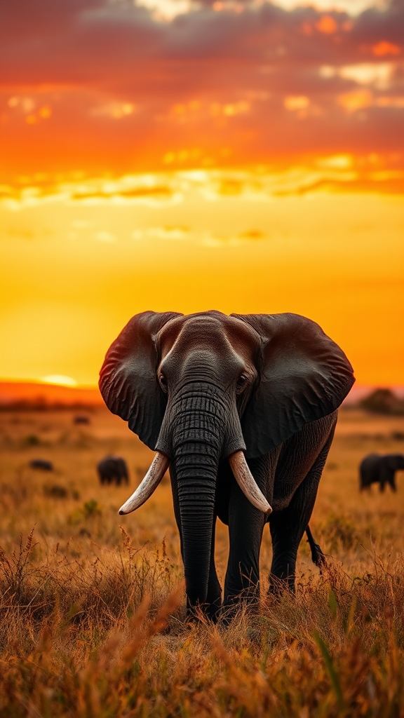 professional, high-quality photograph of a majestic African elephant, captured in its natural habitat of the African savannah at sunset.