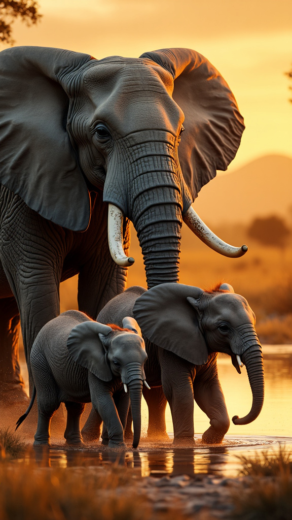 A photorealistic image of a majestic African elephant family in a serene savannah landscape during sunset. The family is gathered around a watering hole, with a large matriarch, adult elephants, and two playful calves. The scene is bathed in golden light, highlighting the elephants' textured skin and casting long shadows. Acacia trees and distant hills form the backdrop, with dust particles catching the sunlight, creating a magical ambiance.