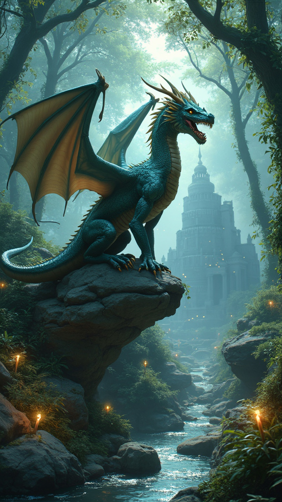 A photorealistic image of a mystical forest at twilight, featuring a majestic dragon with iridescent scales perched on a large rock formation. The forest is illuminated by bioluminescent plants and glowing fairies, with a sparkling stream winding through the dense, lush greenery. Ancient ruins can be seen in the background, partially hidden by foliage, evoking wonder and enchantment.